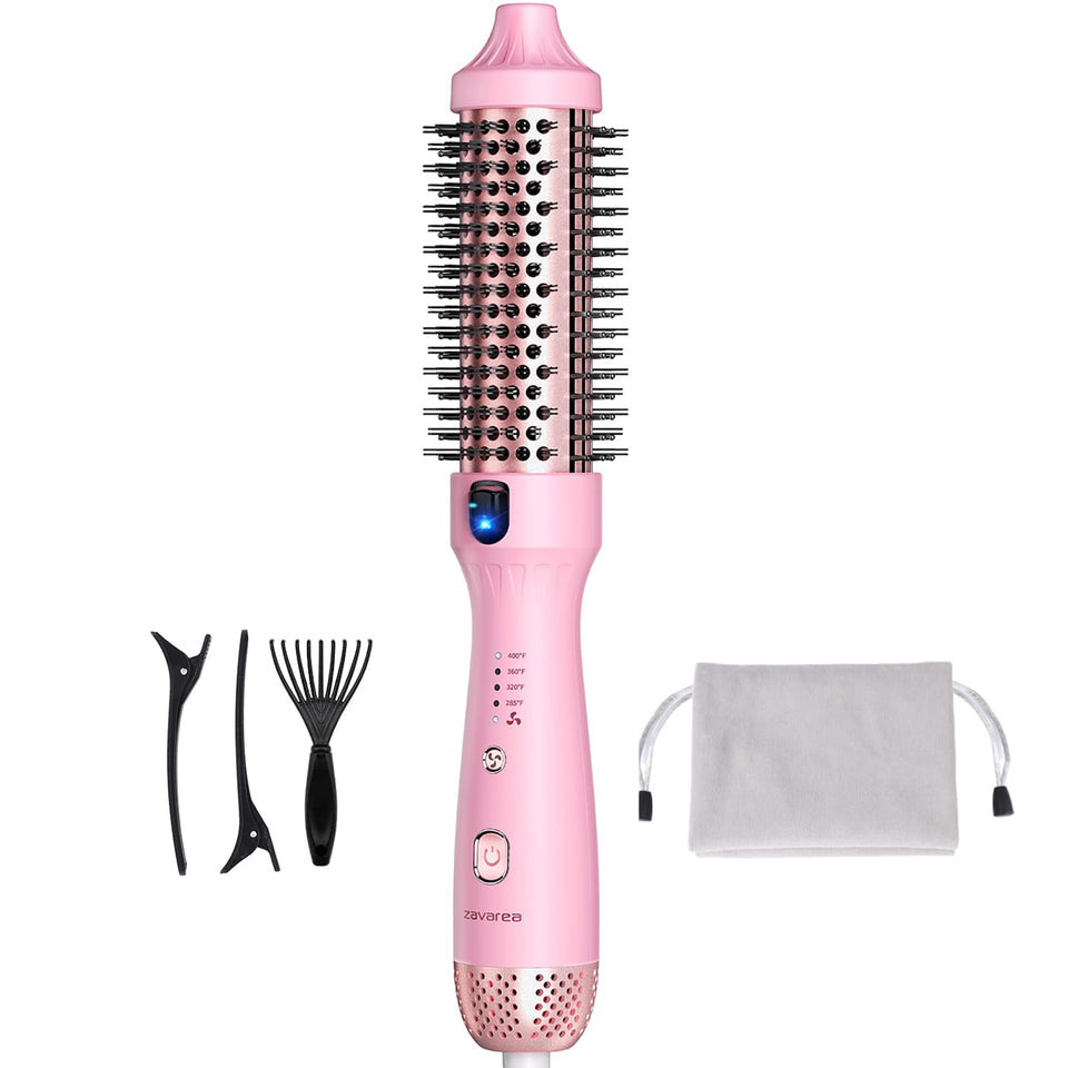 ZAVAREA brush front view showing barrel and bristles for easy handling and styling