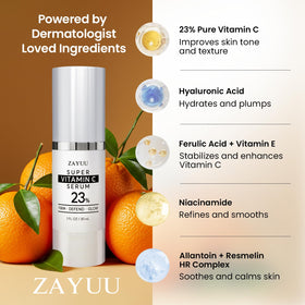 ZAYUU ingredient label close-up listing Vitamin C, hyaluronic acid benefit