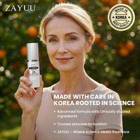 ZAYUU serum staged on bathroom shelf illustrating morning routine benefit