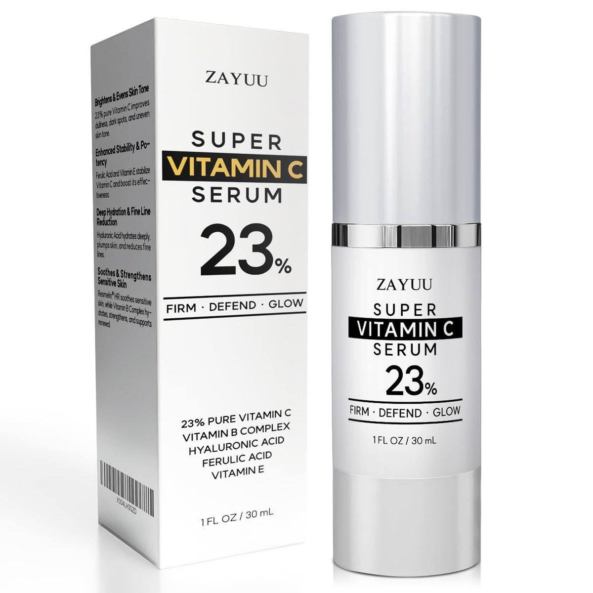 ZAYUU front bottle view showing sleek packaging and brightening benefit