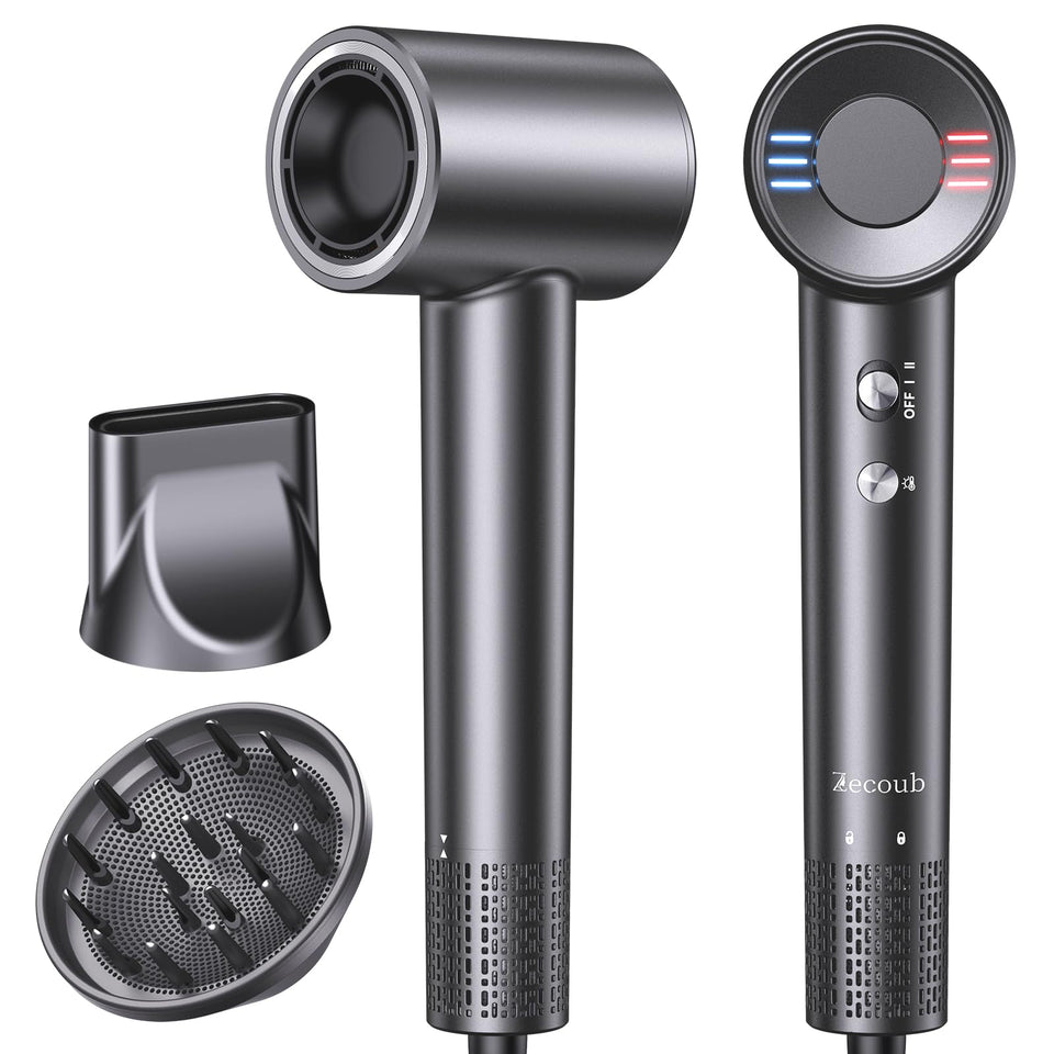 Zecoub front profile travel hair dryer showing compact design and fast drying benefit