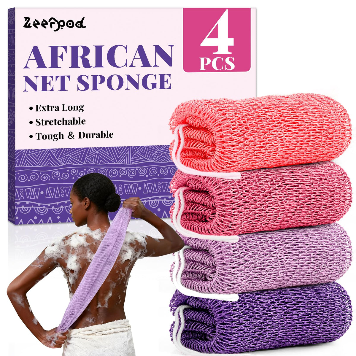 Zeefpod front view of 4-pack African net sponges showing colors and packaging, easy family rotation