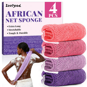 Zeefpod front view of 4-pack African net sponges showing colors and packaging, easy family rotation