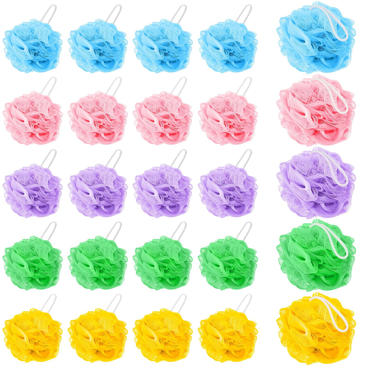 Zeefpod front pack showing 20 colorful mini loofahs and value pack benefit