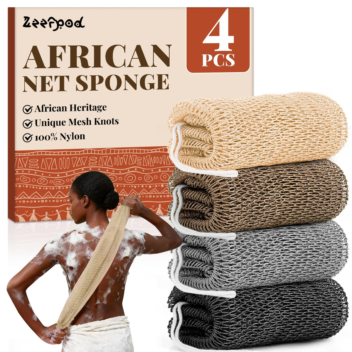 Zeefpod front packaging showing four-color 42-inch nets and benefits