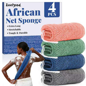 Zeefpod front packaging showing four colored net sponges and benefits