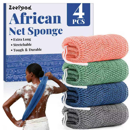 Zeefpod front packaging showing four colored net sponges and benefits