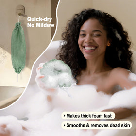 Zeefpod net sponge in use in shower showing easy full-body reach