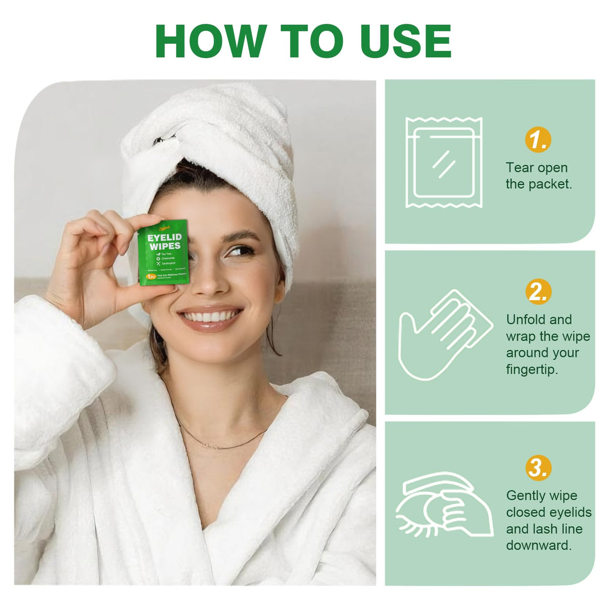 Zeefpod wipe in hand to show scale and easy handling for quick eyelid refresh