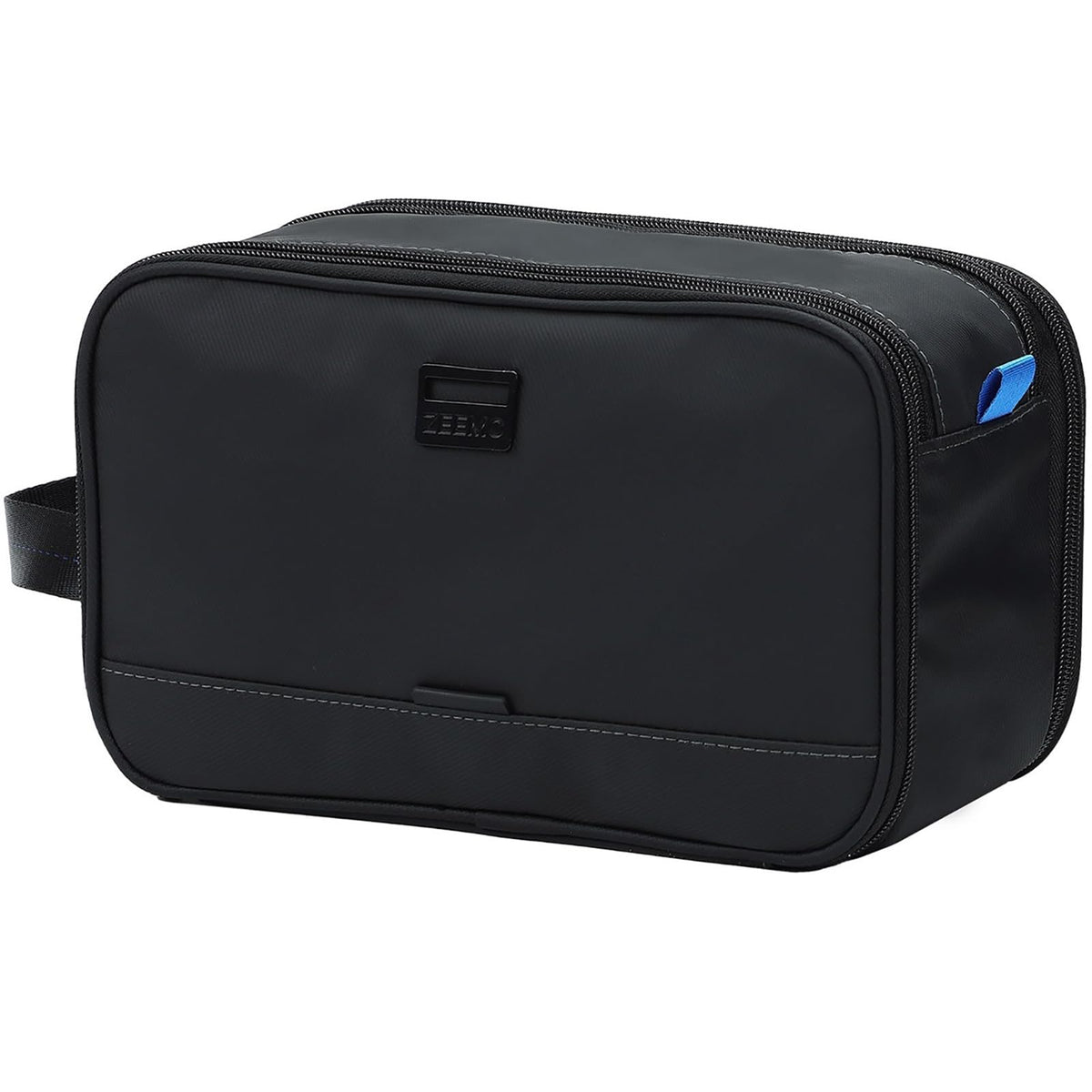 ZEEMO front view showing compact black toiletry bag and easy-grab handle benefit