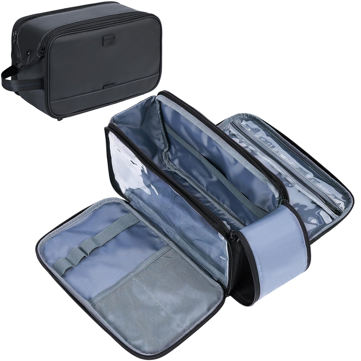 ZEEMO front view of black dopp kit showing compact storage and quick grab benefit