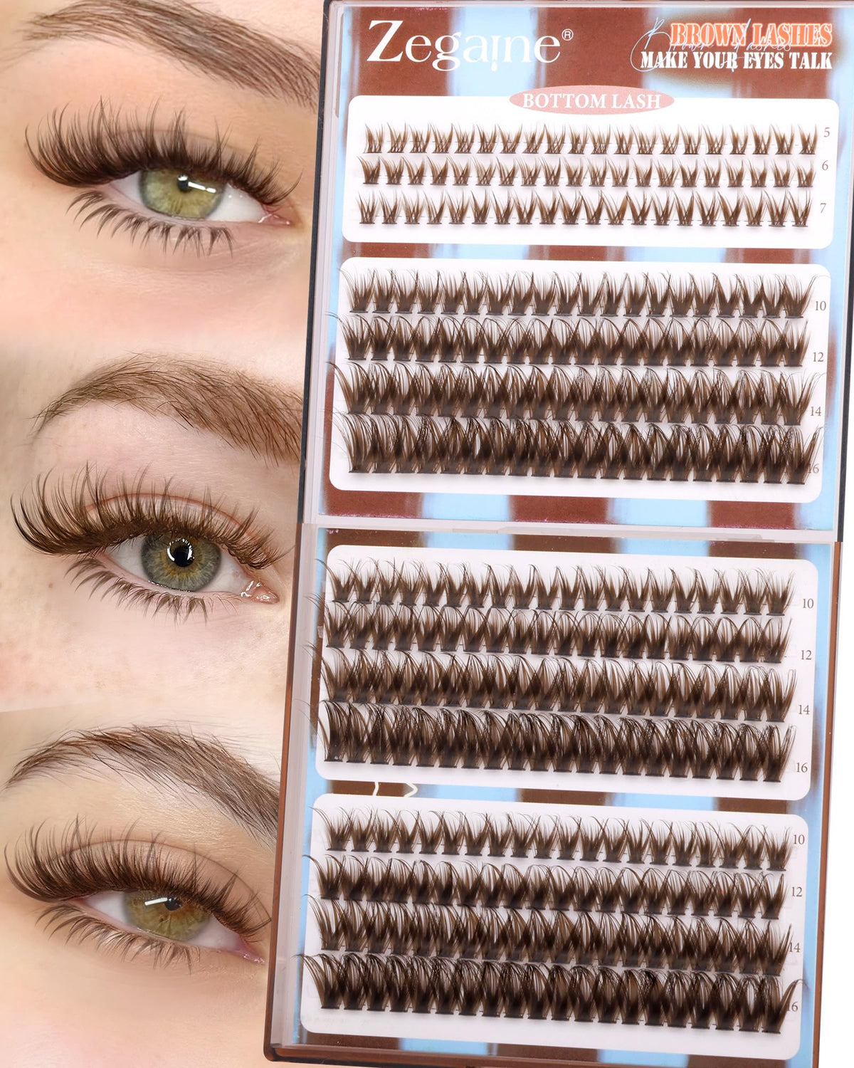 Zegaine front packaging showing 300 brown lash clusters and contents benefit natural finish