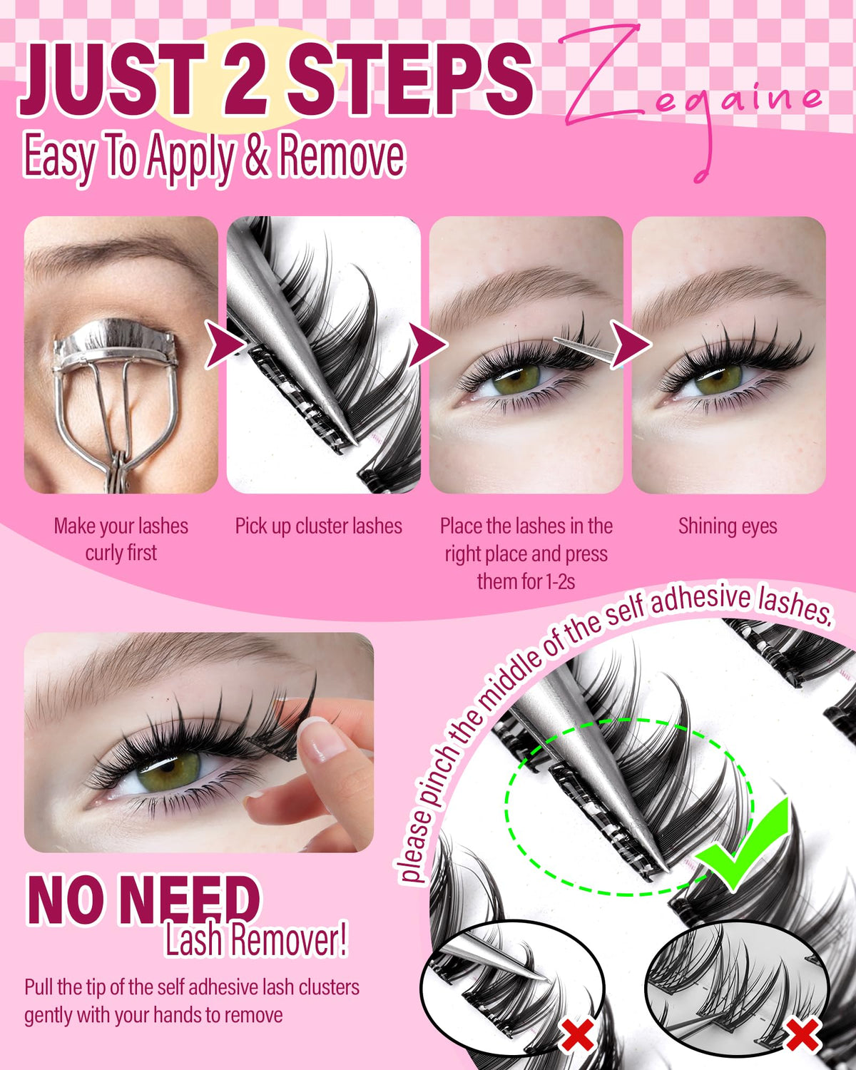Zegaine lash cluster next to fingertip showing size and lightweight comfort