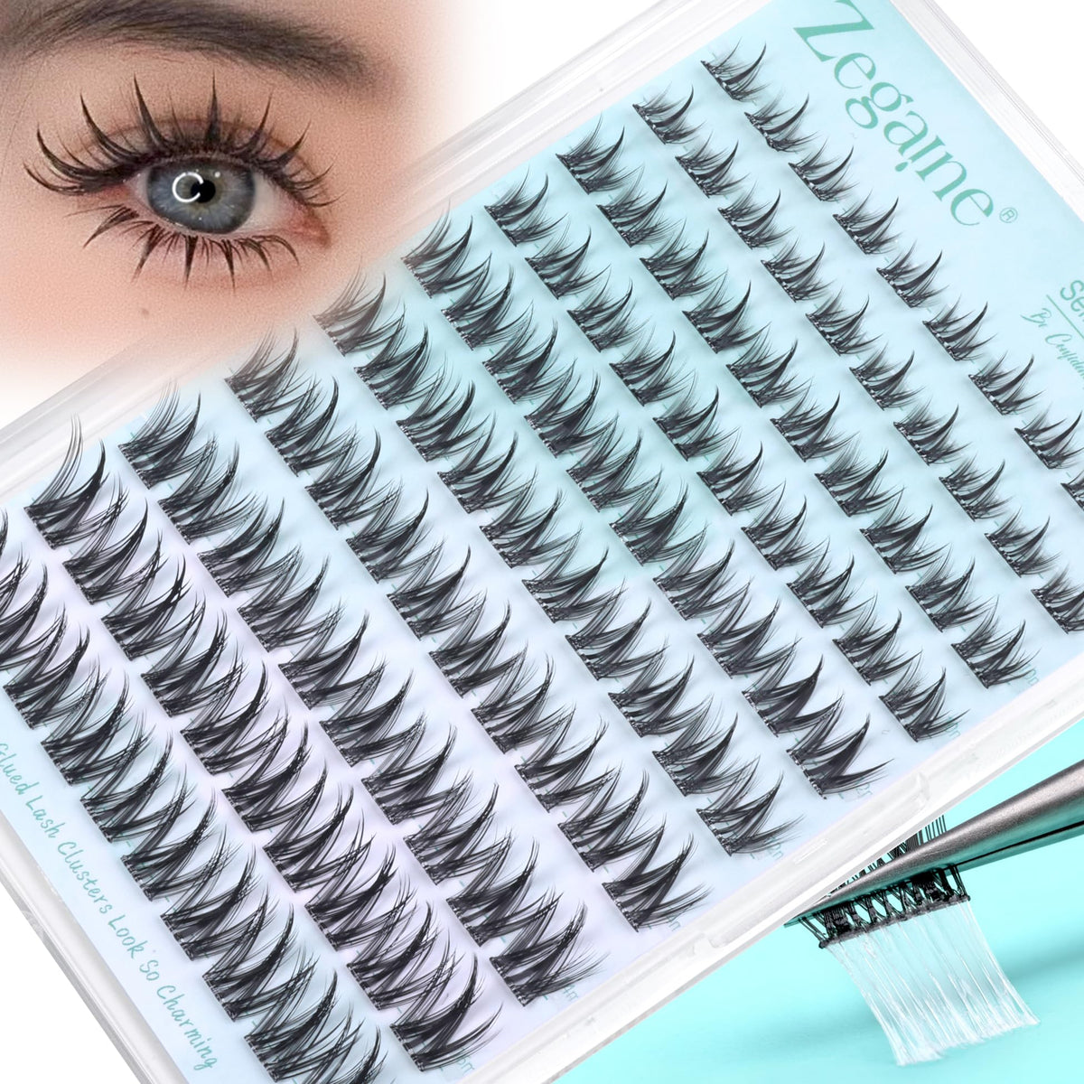 Zegaine packaging front view showing manga lash clusters and ready-to-wear convenience