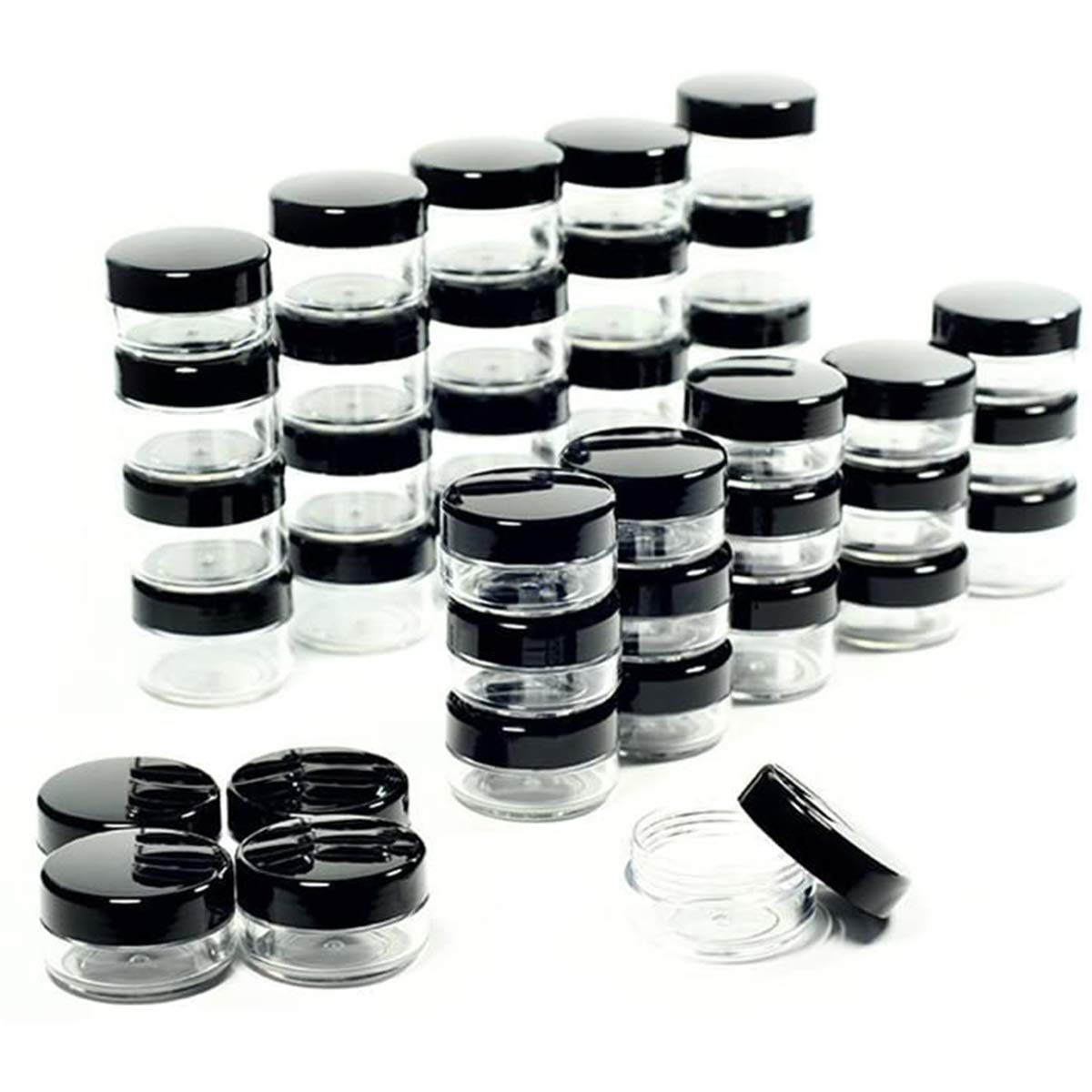 ZEJIA front view of 50-pack black 5g jars showing compact storage convenience