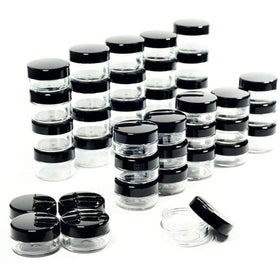 ZEJIA front view of 50-pack black 5g jars showing compact storage convenience