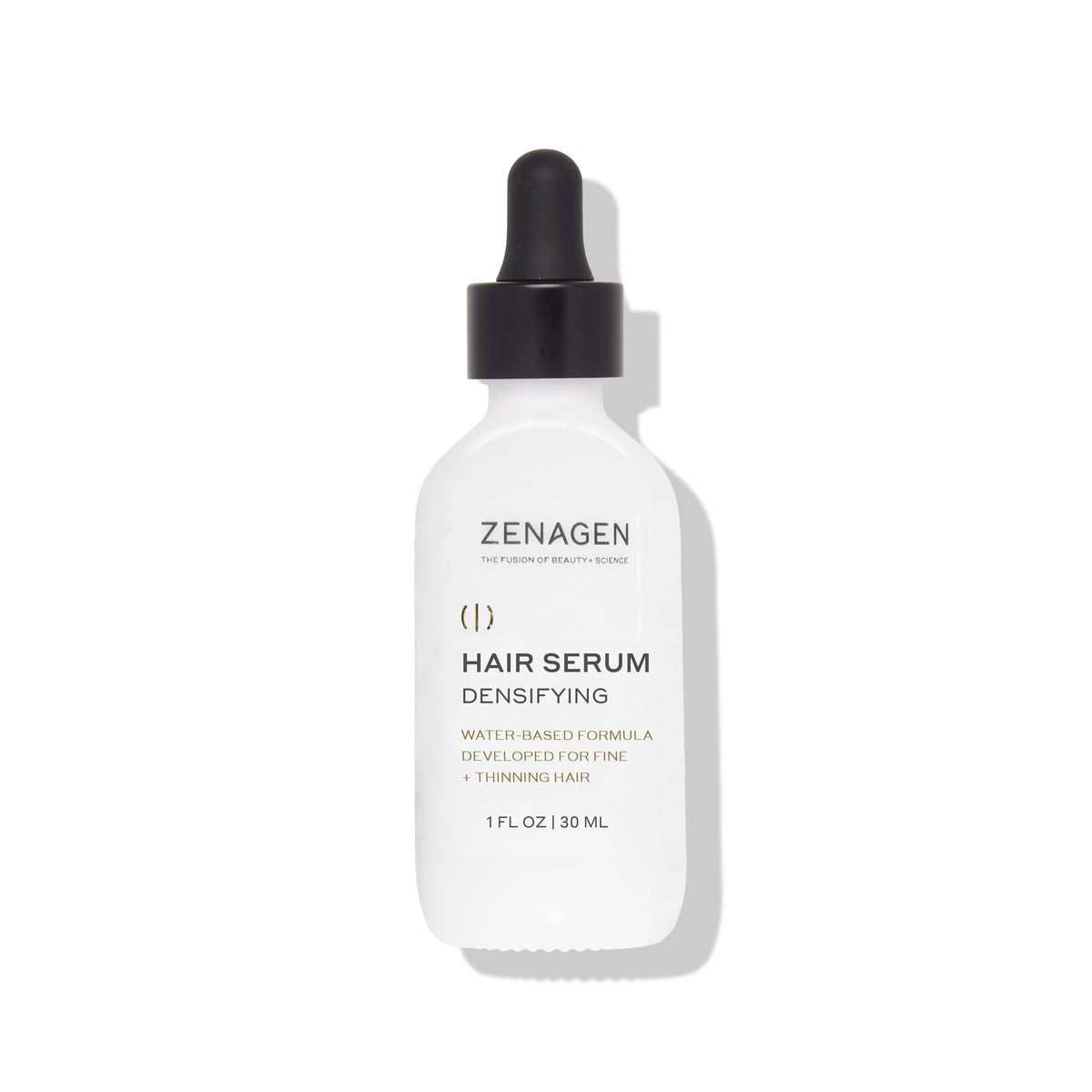 Zenagen front packaging of densifying serum shows clear label and compact bottle benefit: clear product identity