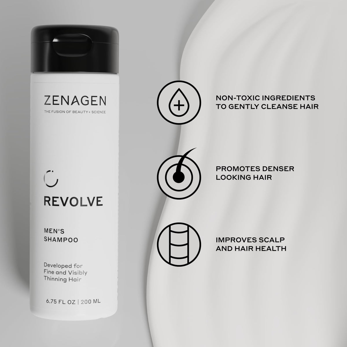 Zenagen Revolve bottle in a shower setting demonstrating daily routine use and rinseability
