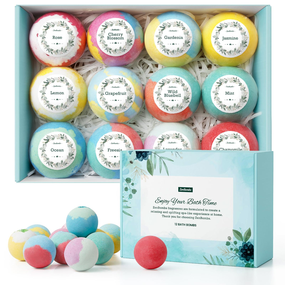 ZenBombs front packaging showing 12 fragrances and gift-ready box benefit