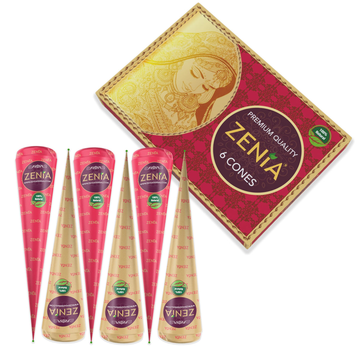 Zenia front packaging showing three henna cones and clear labeling for easy selection