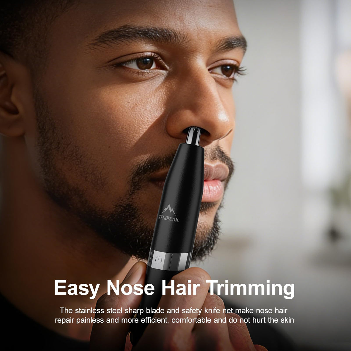 ZENIPEAK in use trimming nose hair with micro‑vacuum collecting clippings