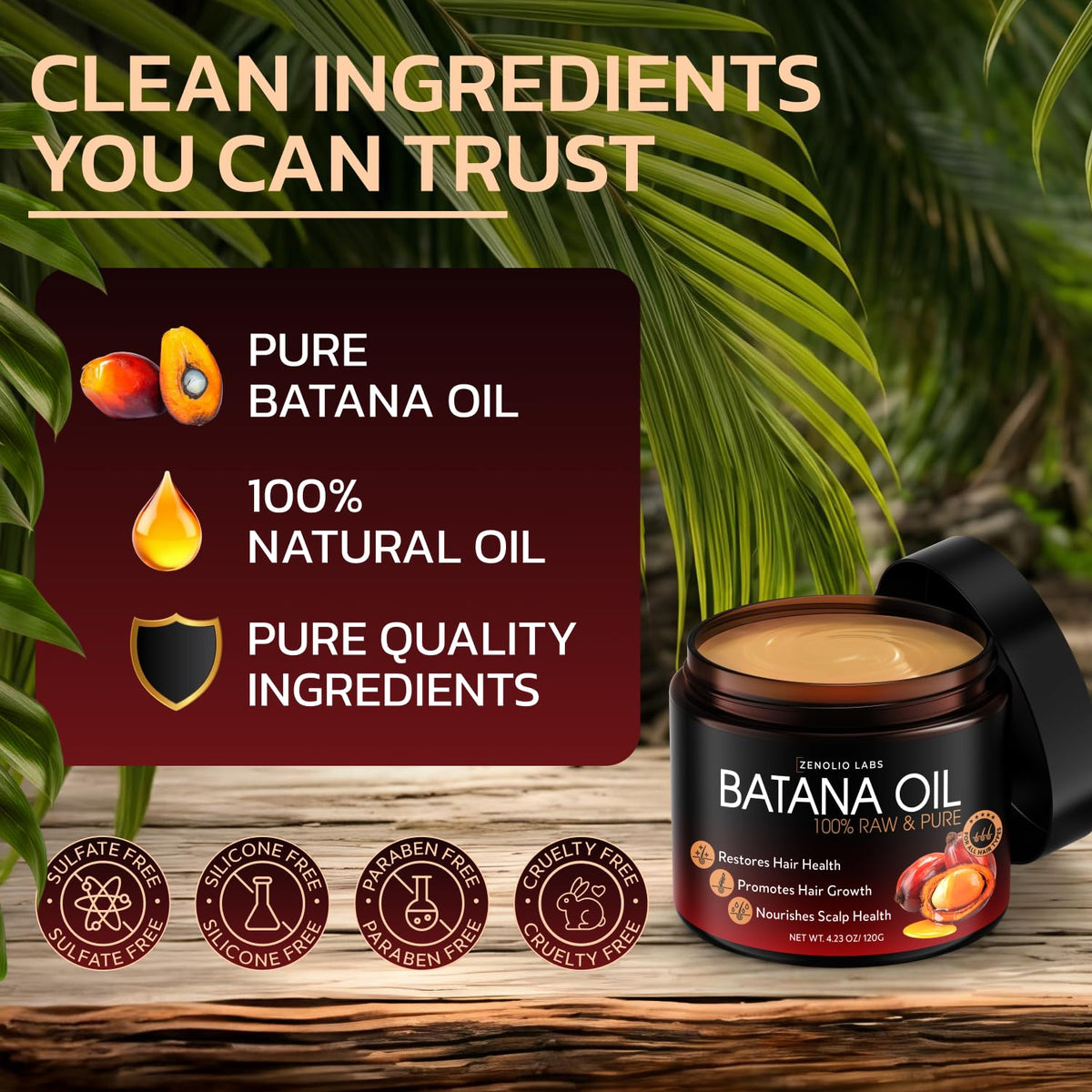 Zenolio Labs close-up of natural batana oil and raw plant ingredients highlighting purity