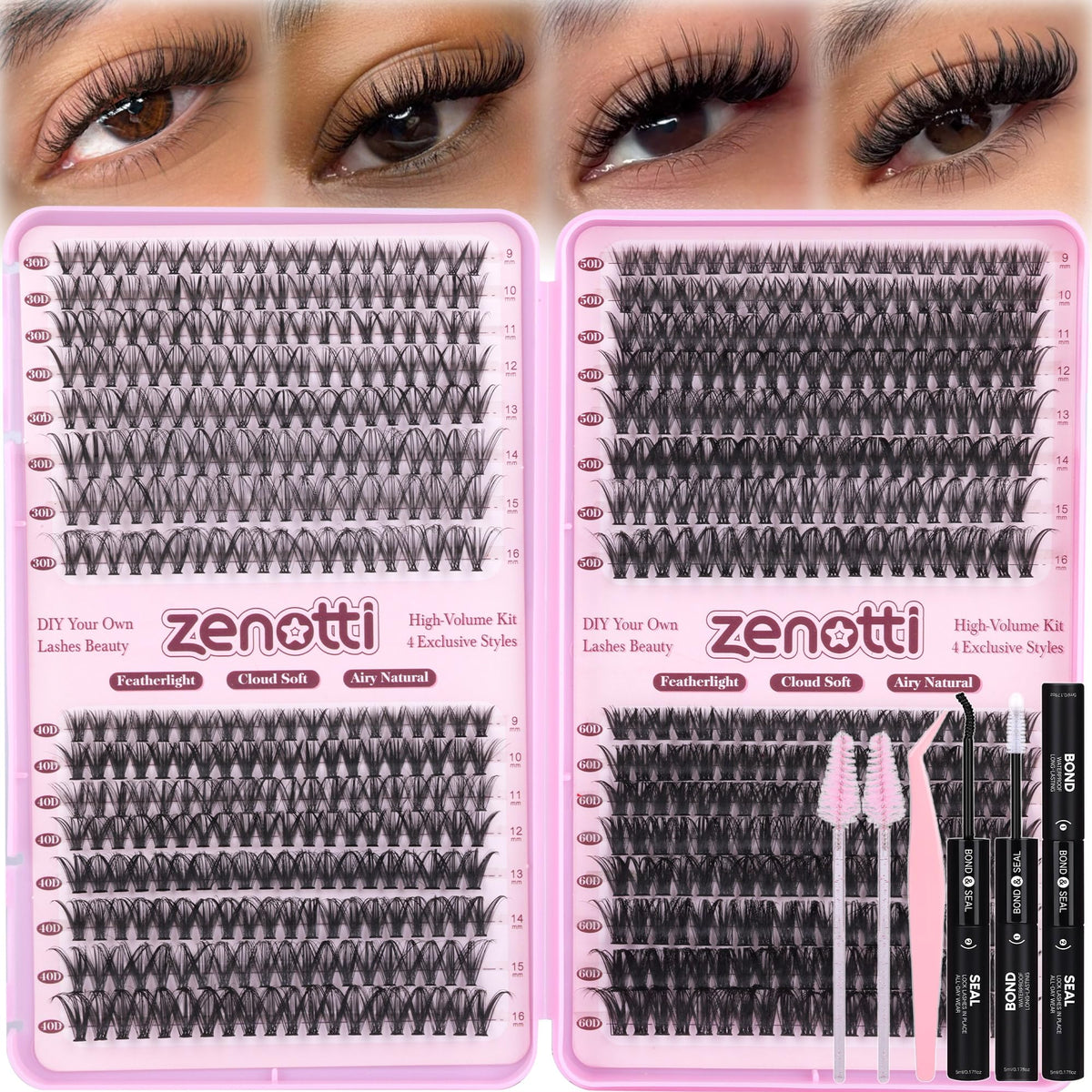 zenotti front package showing 640PCS kit and tools for versatile looks
