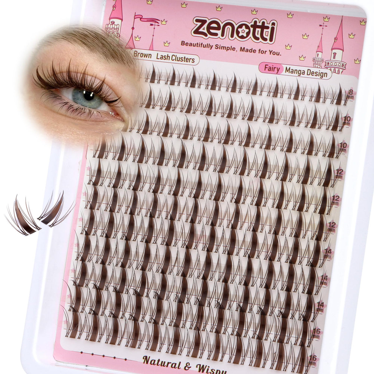 zenotti front packaging showing brown manga lash clusters and benefits