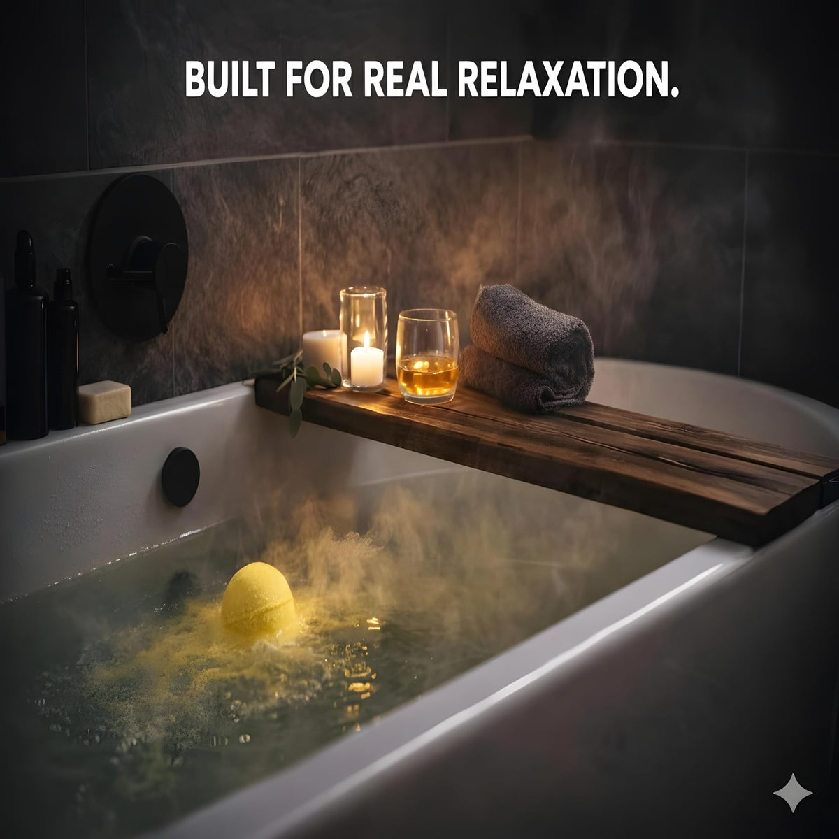 ZenseMe bath scene with bath bomb dissolving to demonstrate aromatic experience