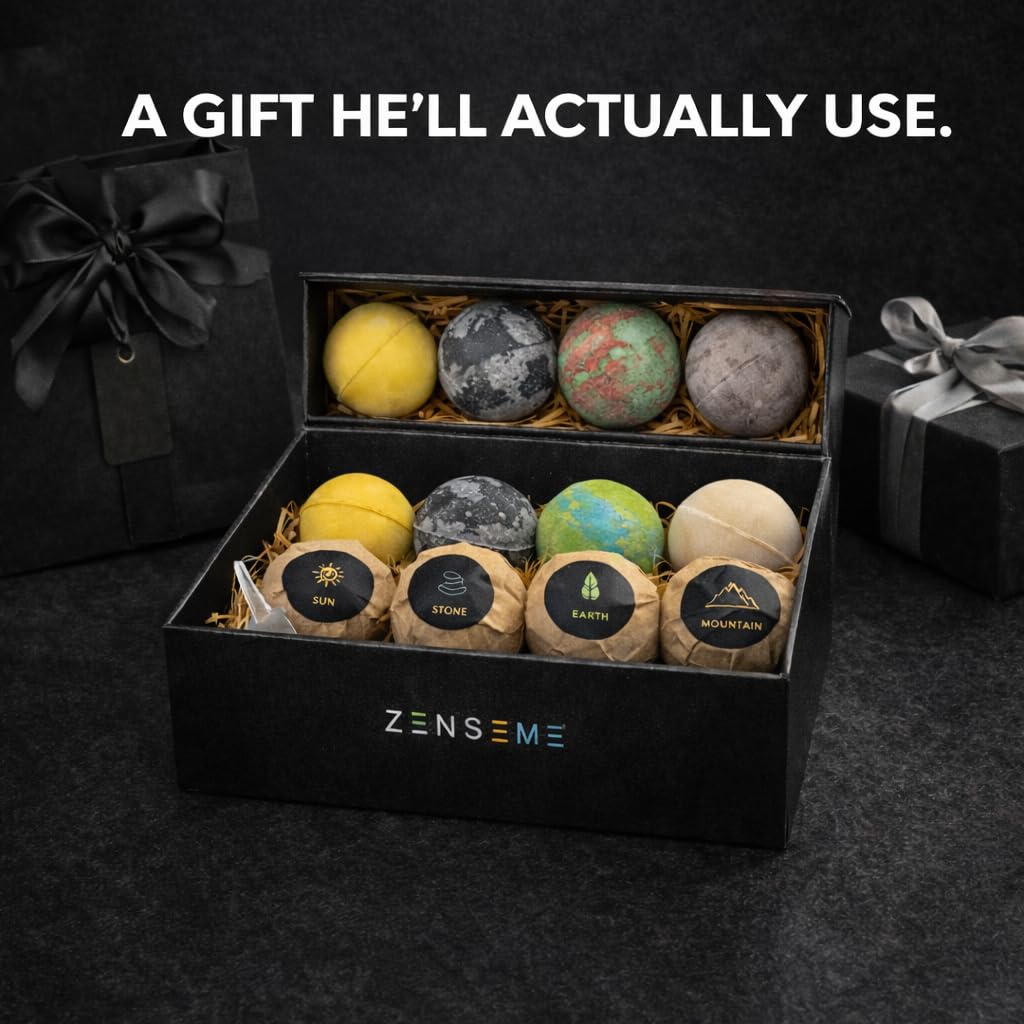 ZenseMe variety of eight bath bombs arranged in box offering scent options