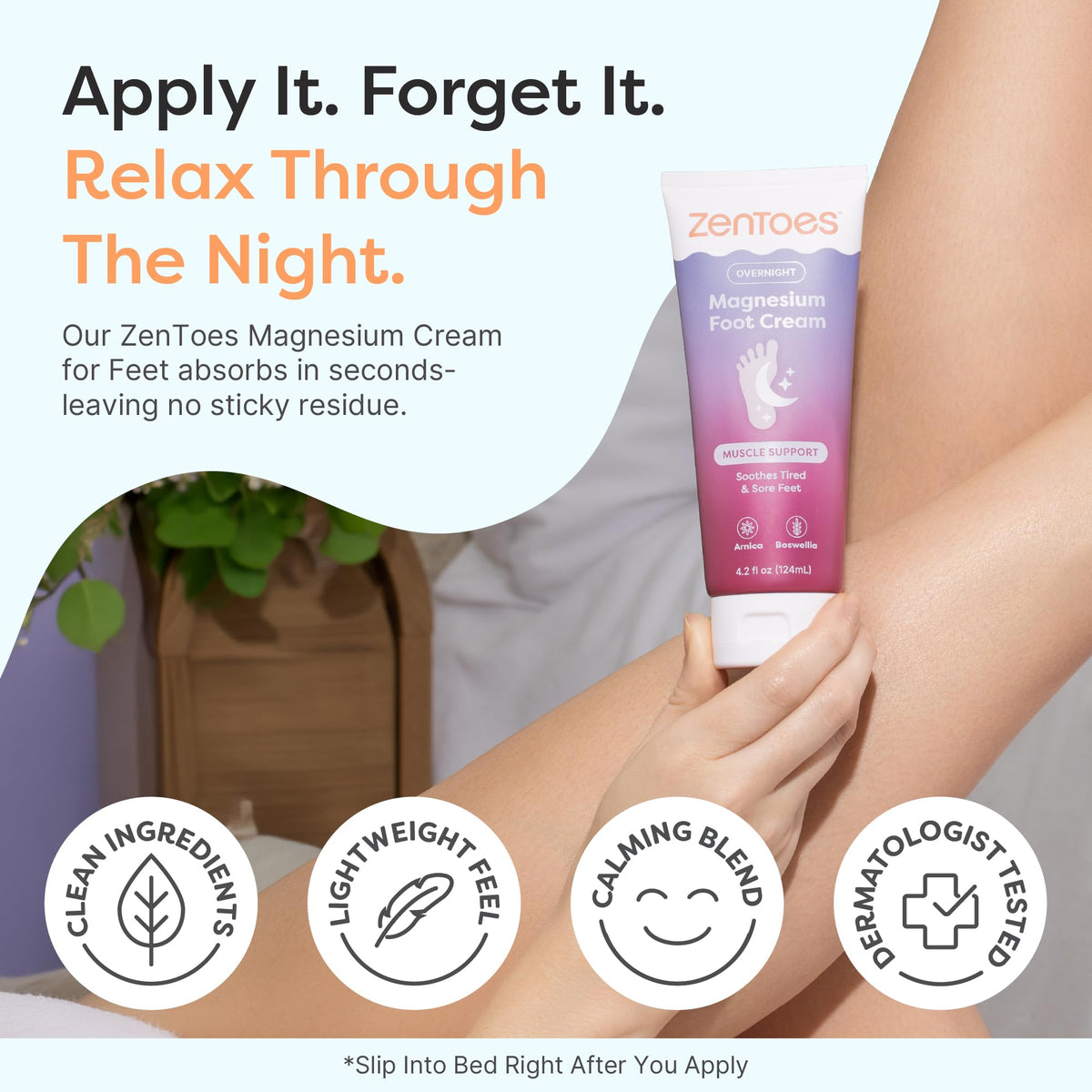 ZenToes applied on feet during nighttime routine demonstrating soothing feel
