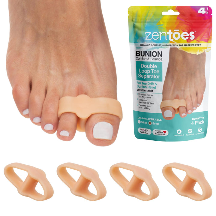 ZenToes front packaging showing beige toe spacers and benefits
