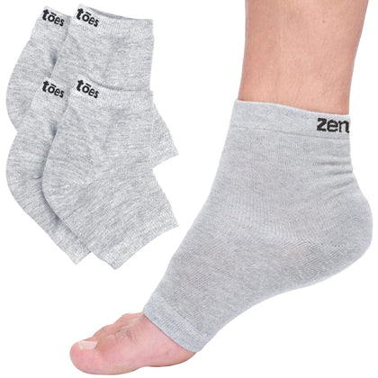 ZenToes front packaging showing cotton gray socks and benefit of heel hydration