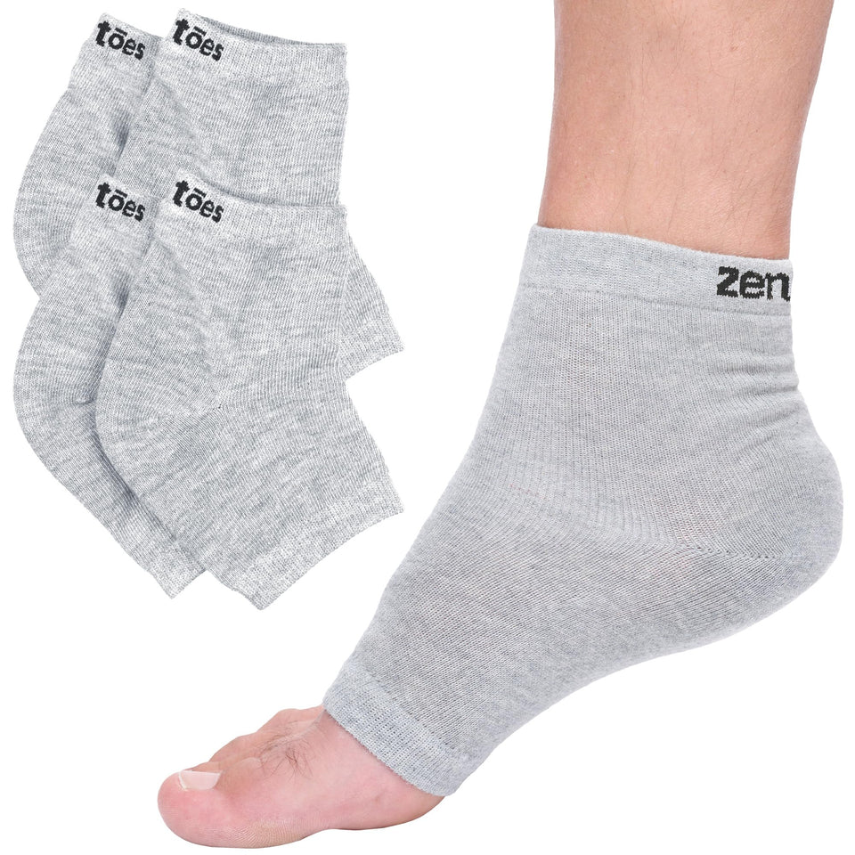 ZenToes front packaging showing cotton gray socks and benefit of heel hydration