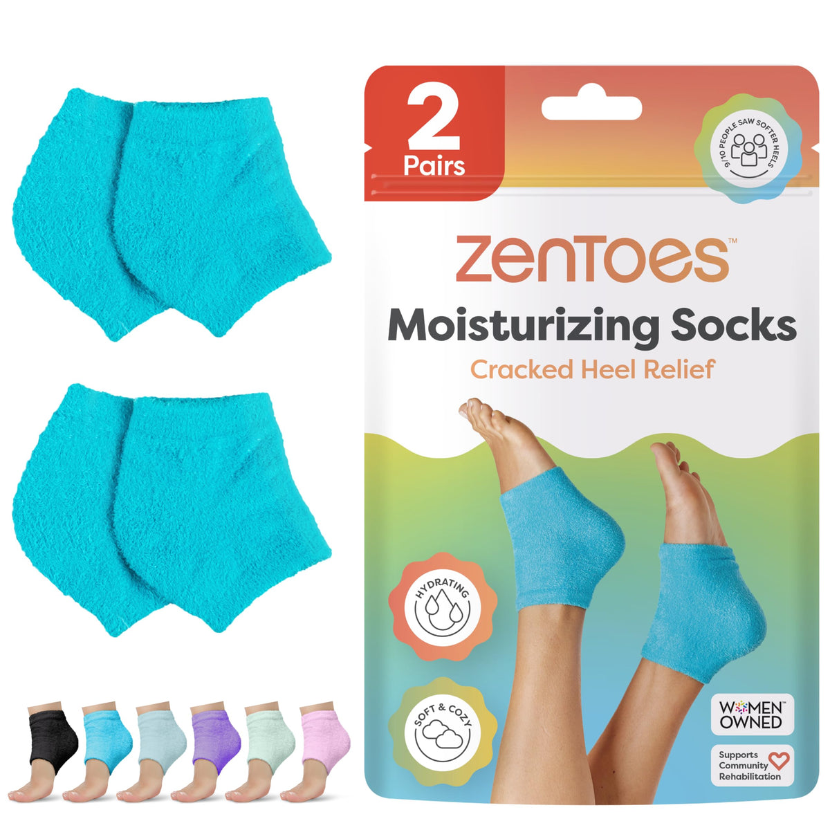 ZenToes front packaging showing fuzzy blue socks and benefits