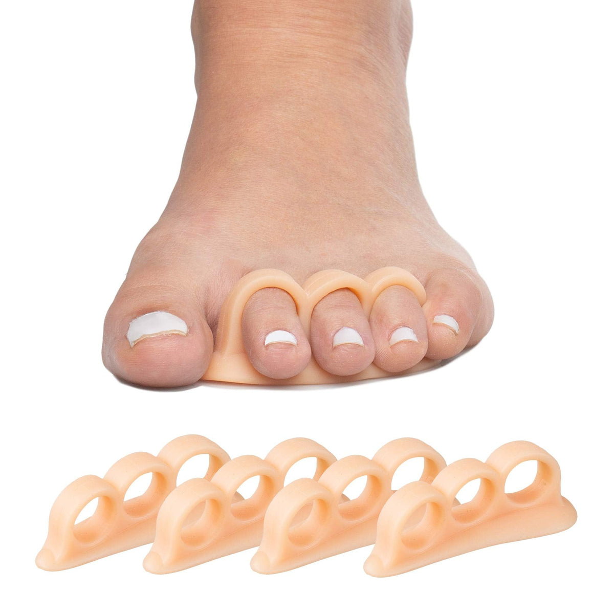 ZenToes front packaging showing four beige gel toe correctors and benefits