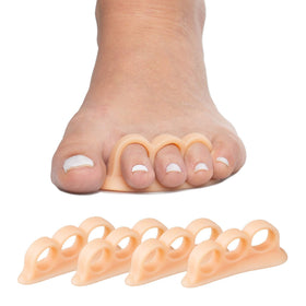 ZenToes front packaging showing four beige gel toe correctors and benefits