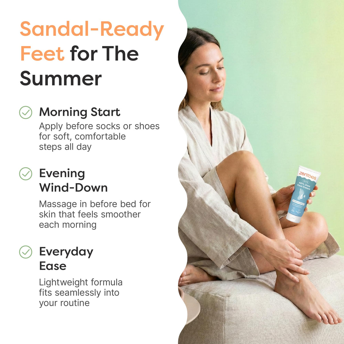ZenToes tube beside socks and lavender indicating fresh scent and routine-friendly use