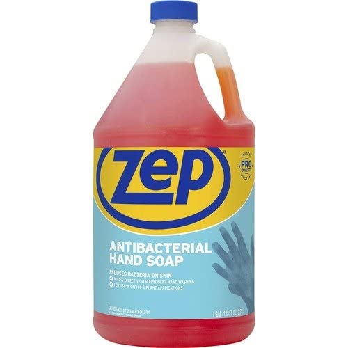 Zep commercial antimicrobial hand soap gallon front label showing clear dosing and professional use