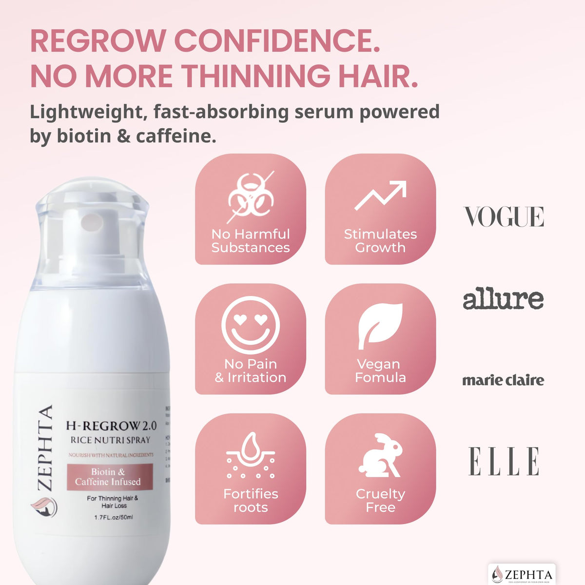 Zephta ingredients with rice water and biotin highlighting nourishing benefits