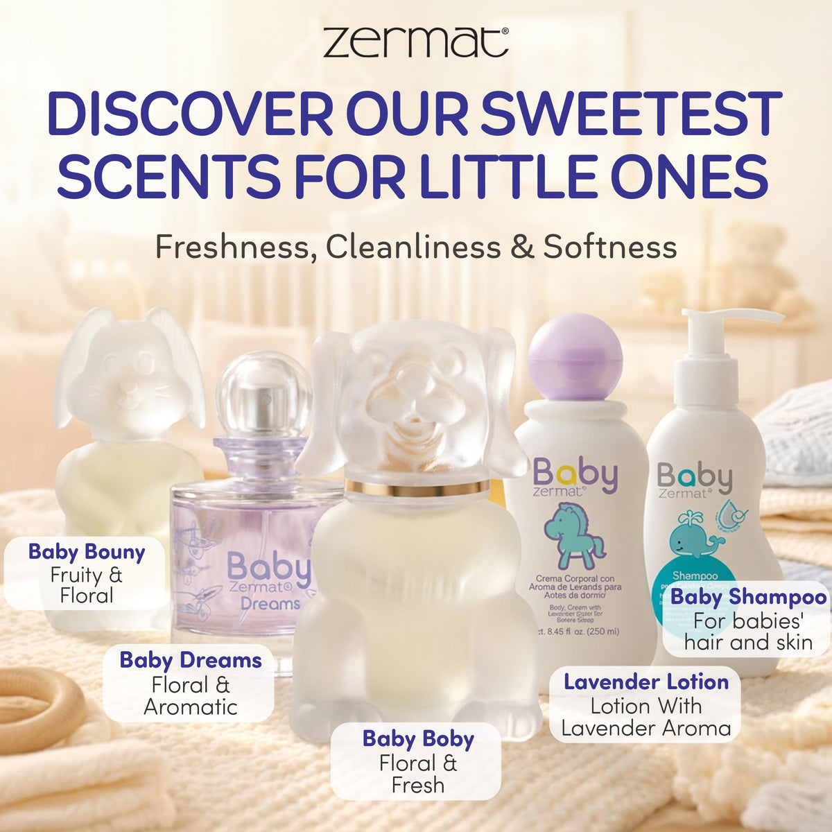 Zermat Boby ingredients and claims icons emphasizing cruelty-free and gentle formula