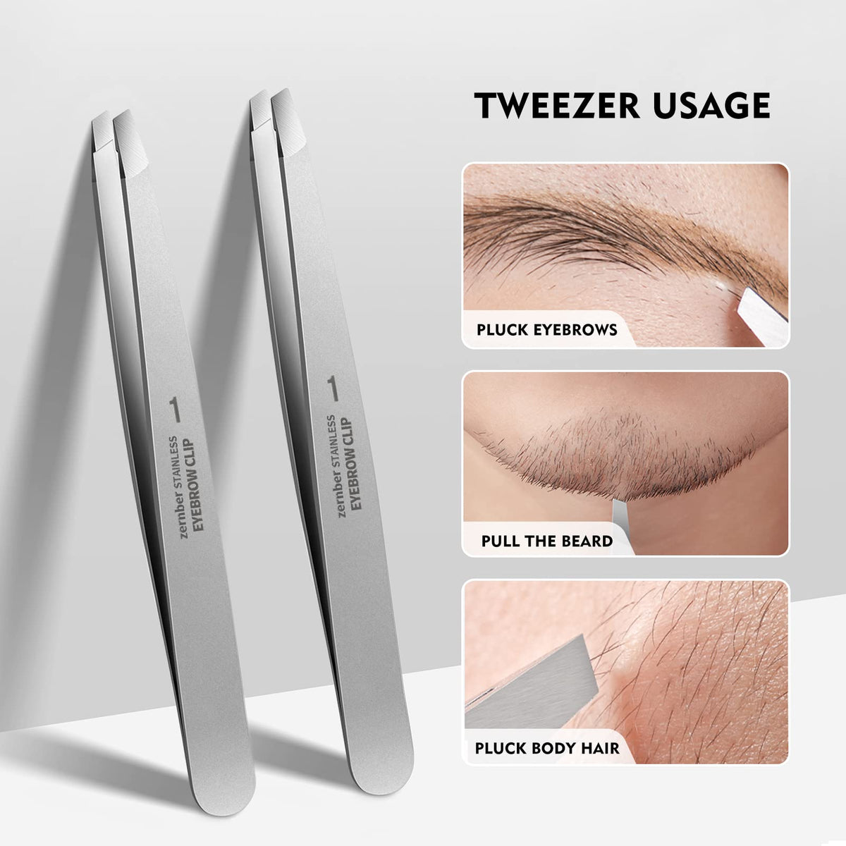 ZERNBER close-up of tweezer tips showing perfect alignment for accurate hair removal
