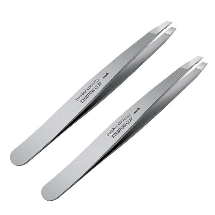 ZERNBER front view of slant tweezer pair highlighting professional design and precision