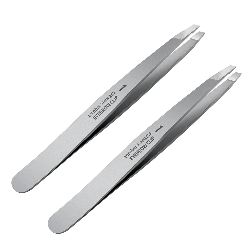 ZERNBER front view of slant tweezer pair highlighting professional design and precision