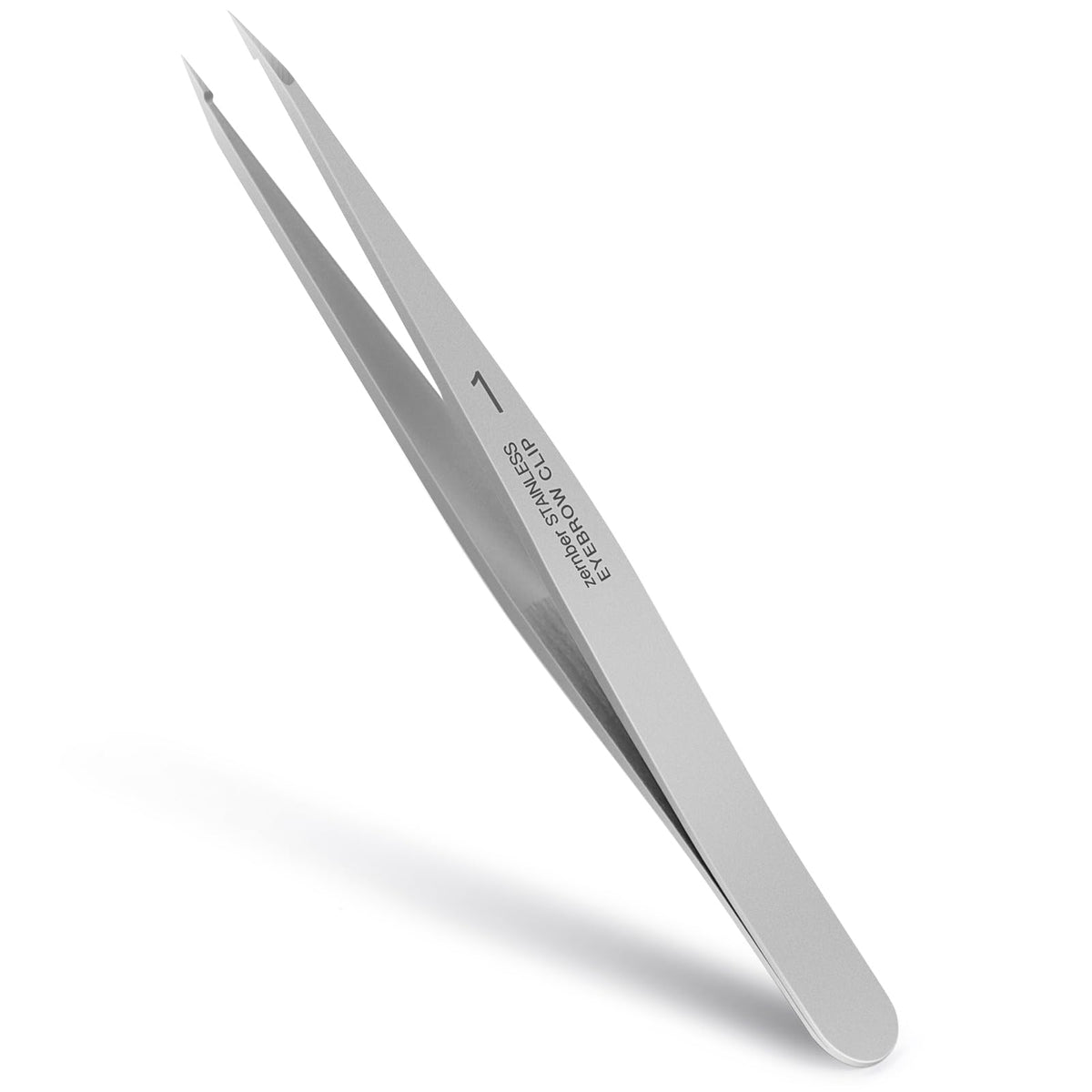 ZERNBER pointed tweezers front view showing polished stainless steel and ergonomic angle for precise shaping