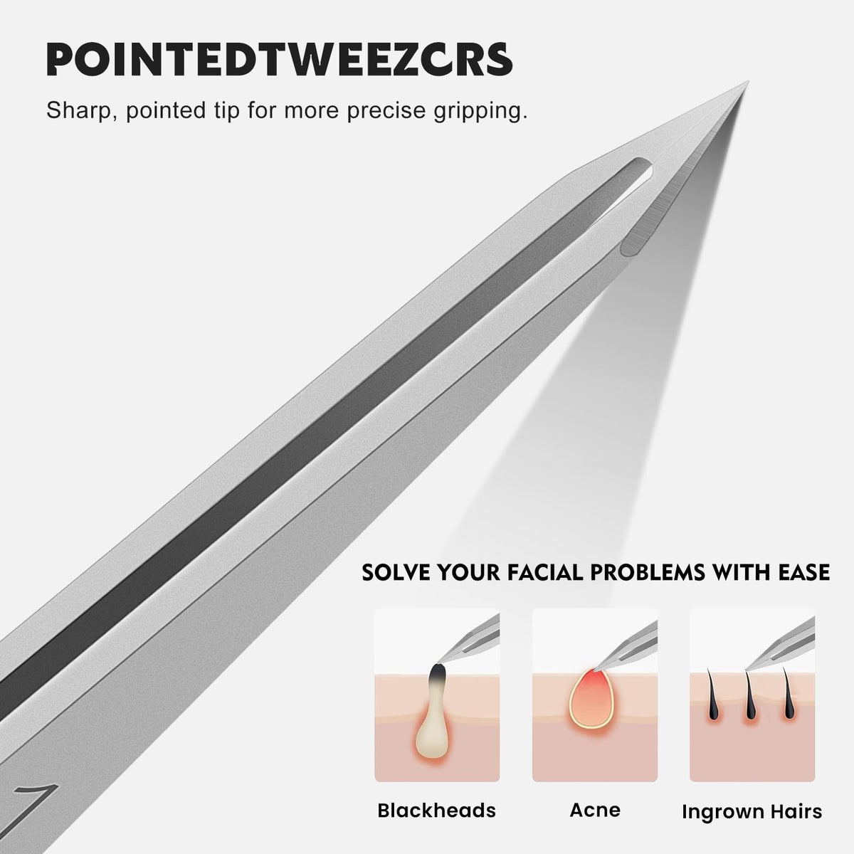 ZERNBER tweezers tip close-up showing etched fine tips for improved grip and accurate hair removal