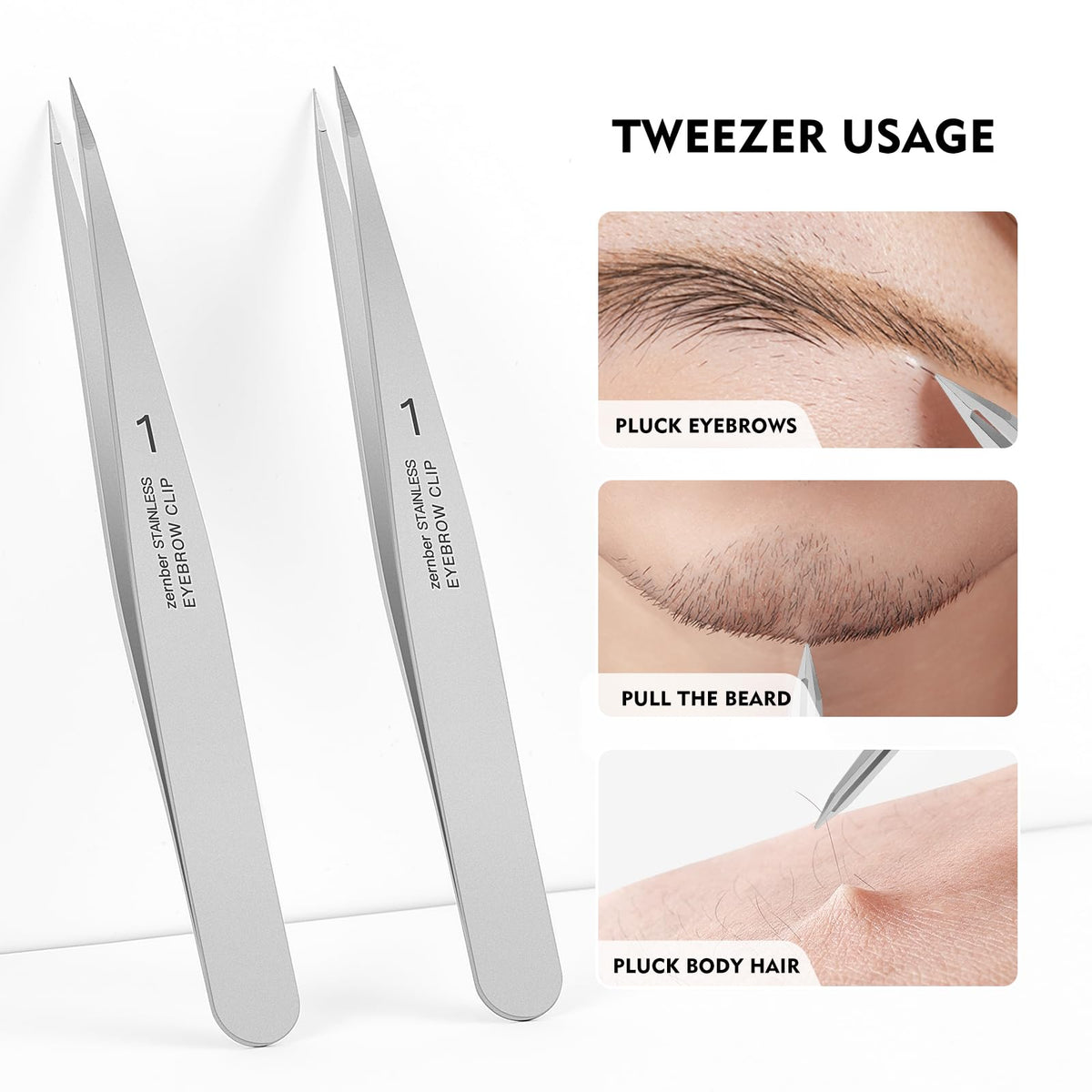 Person shaping eyebrow with ZERNBER tweezers demonstrating controlled precision for neat grooming