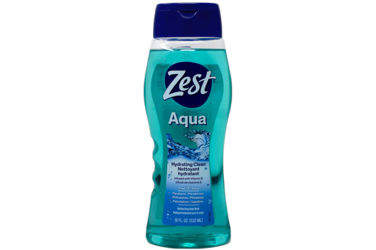 Zest bottle close-up showing translucent aqua gel texture for easy lathering