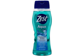 Zest bottle close-up showing translucent aqua gel texture for easy lathering