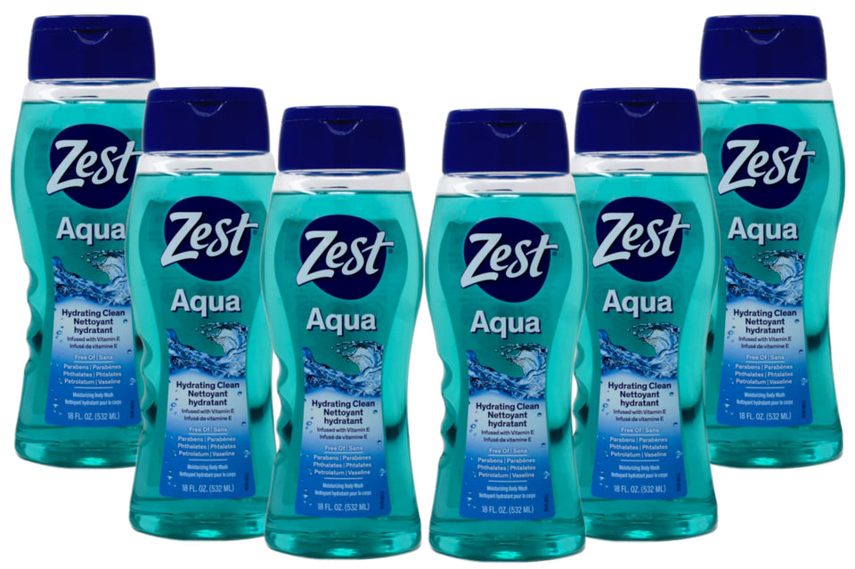 Zest front packaging showing Aqua scent and moisturizing benefit